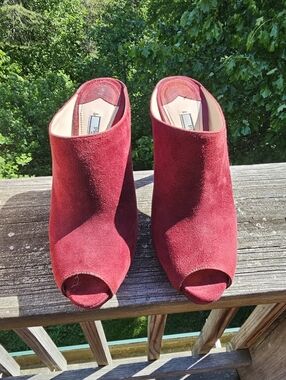 Prada Granato Suede Peep-Toe Mule Heels  Size 37.5 Rich Burgundy